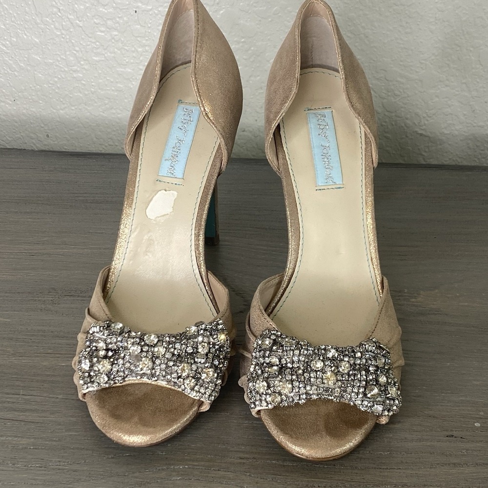 Betsy Johnson Bronze/Gold Wedding Rhinestone Open Toe Prom Heels Womens Sz 9.5